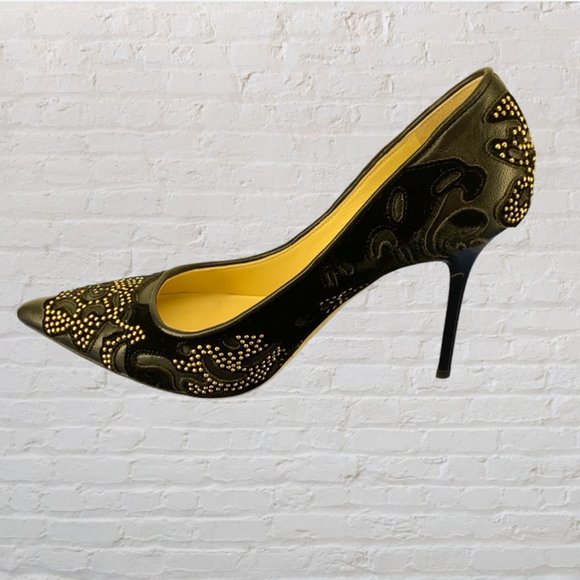 NEW JIMMY CHOO -- Stiletto Heels, Black, "Abel," Leather w/Gold Studs, Evening - Picture 7 of 15